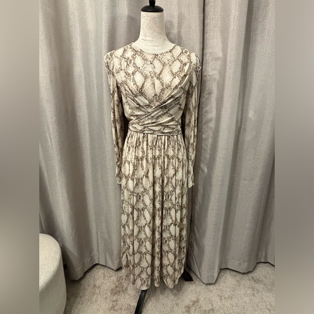 BCBGMAXAZRIA Womens Tan Faux Wrap Animal Print Midi Wrap Dress Size Small